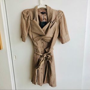 ModCloth Ryu Tan Striped Puff Sleeve Button Dress